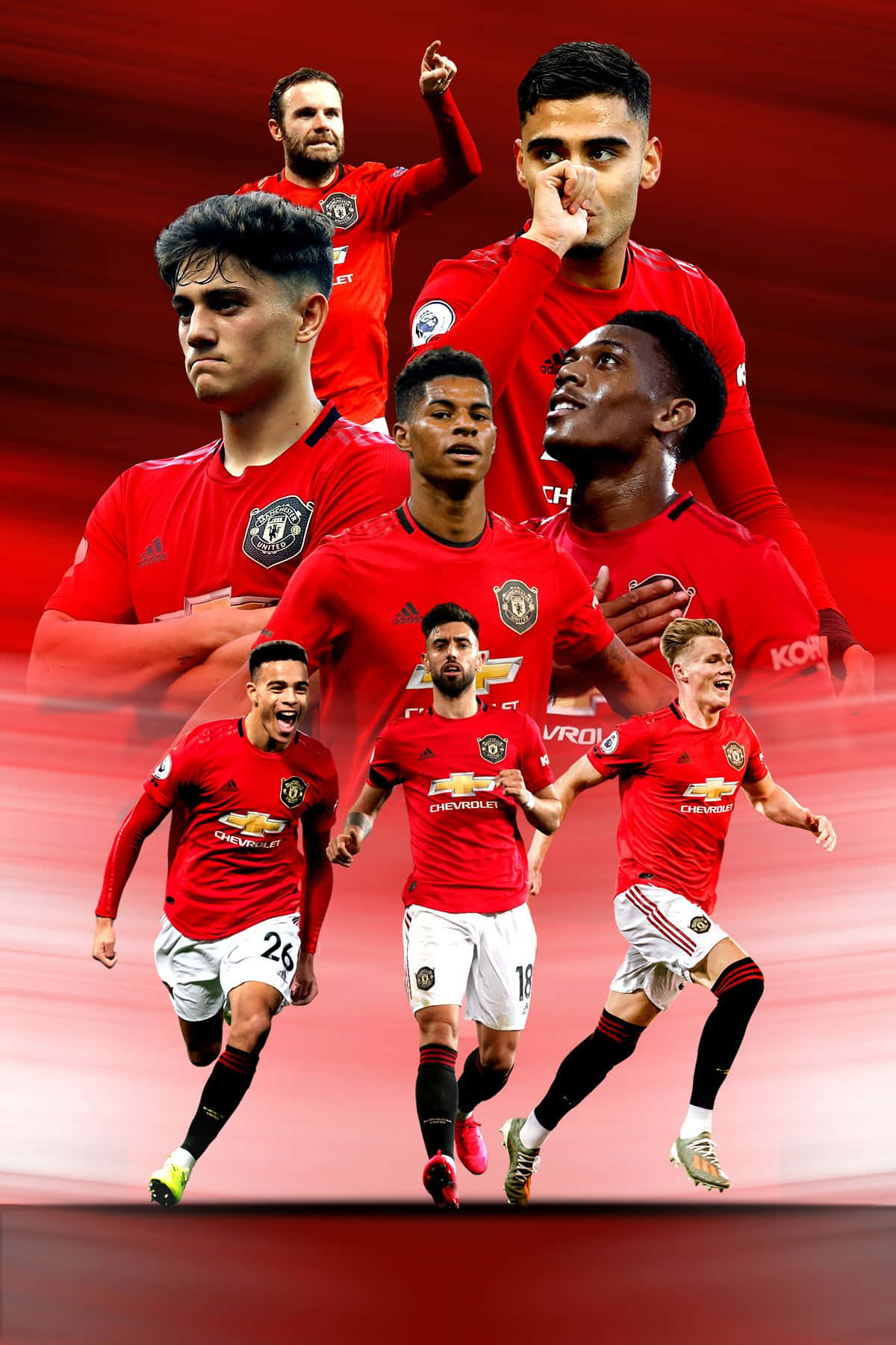Manchester United Team 桌布 壁紙 — 曼聯足球運動員身穿紅色球衣，在充滿活力的紅色漸變背景上以動態模糊效果慶祝的動感拼貼畫。