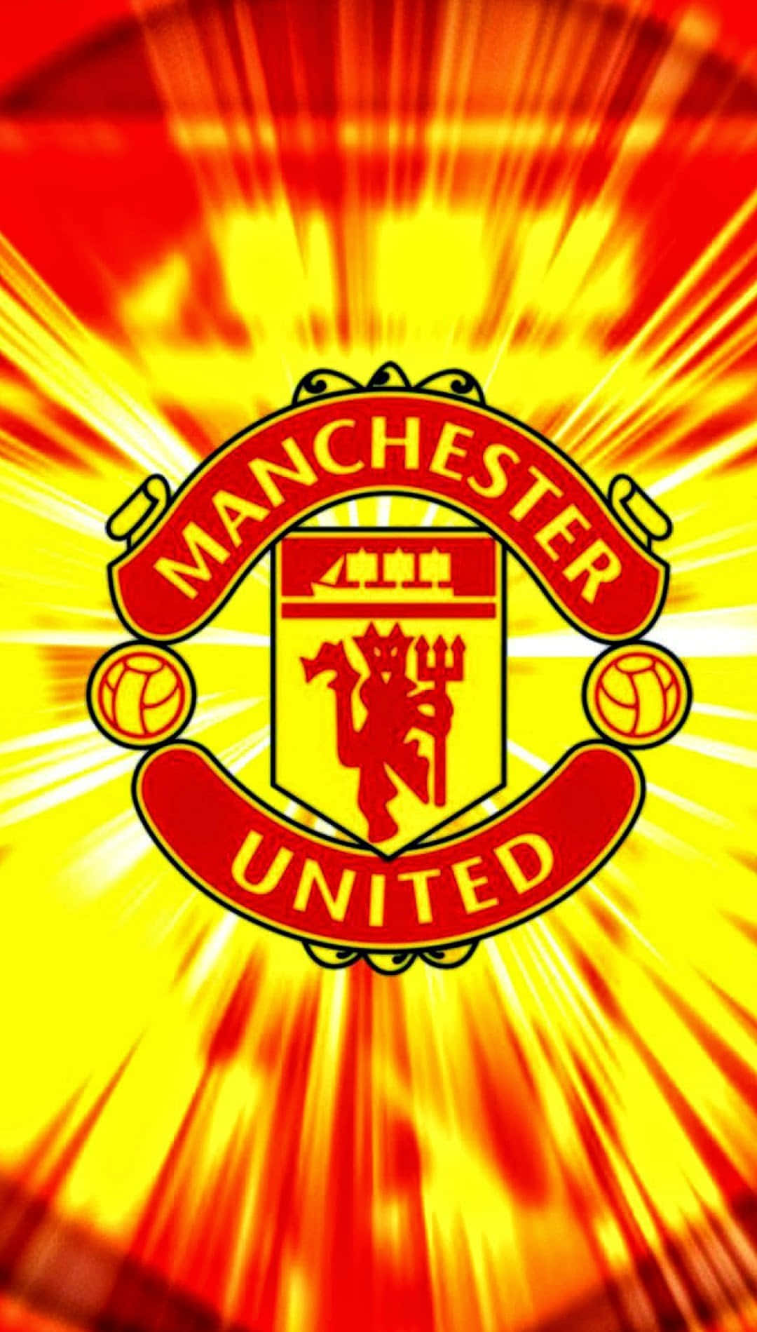 Manchester United iPhone 桌布 壁紙 — 曼聯隊徽在發光背景下散發出火紅和黃色的太陽光芒。