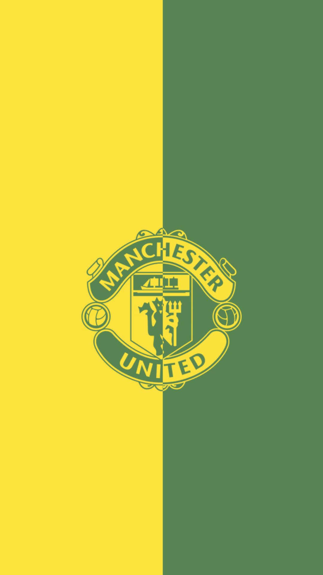 Manchester United Logo 桌布 壁紙 — 曼聯隊徽居中於黃綠分割背景上。