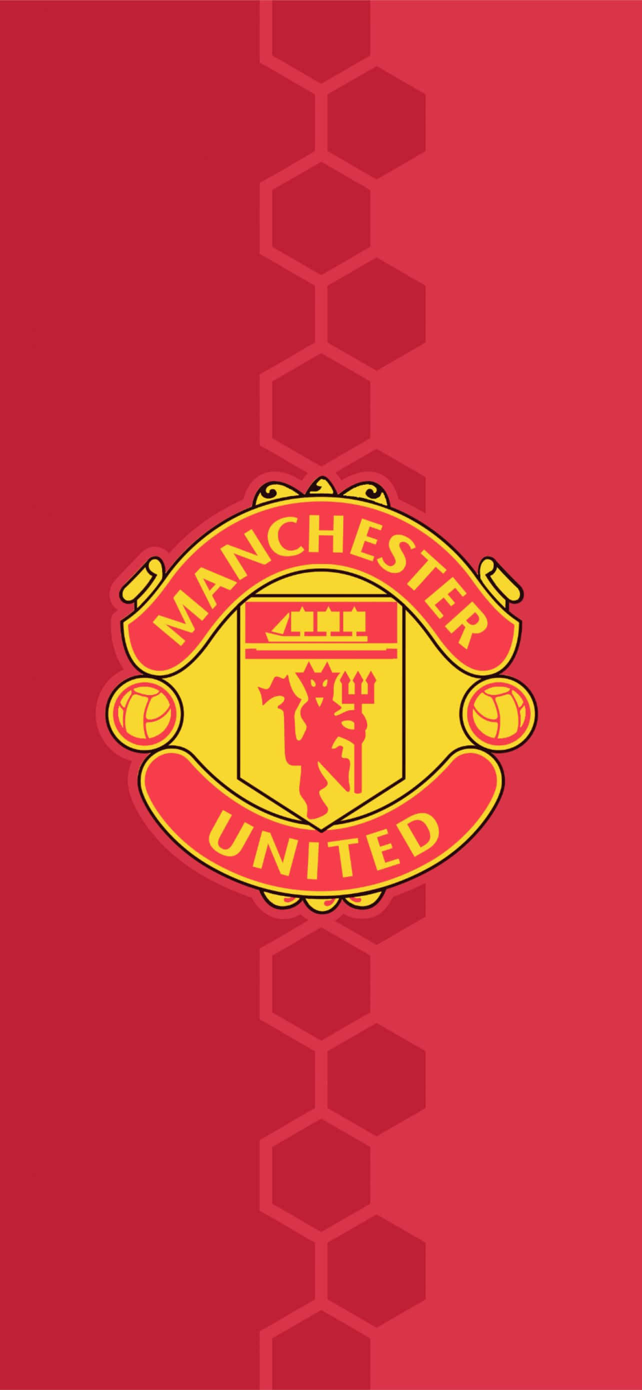 Manchester United iPhone 桌布 壁紙 — 曼聯隊徽置中於深紅色背景上，帶有細微的六邊形圖案。