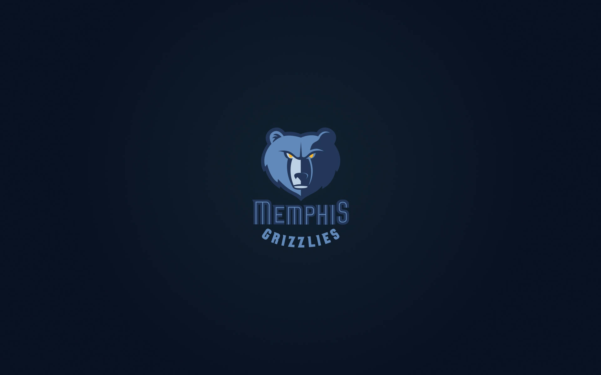 Grizzlies 桌布 壁紙 — 曼菲斯灰熊隊標誌，中央為風格化的藍色熊頭，帶有發光的黃色眼睛，背景為深藍色漸變。