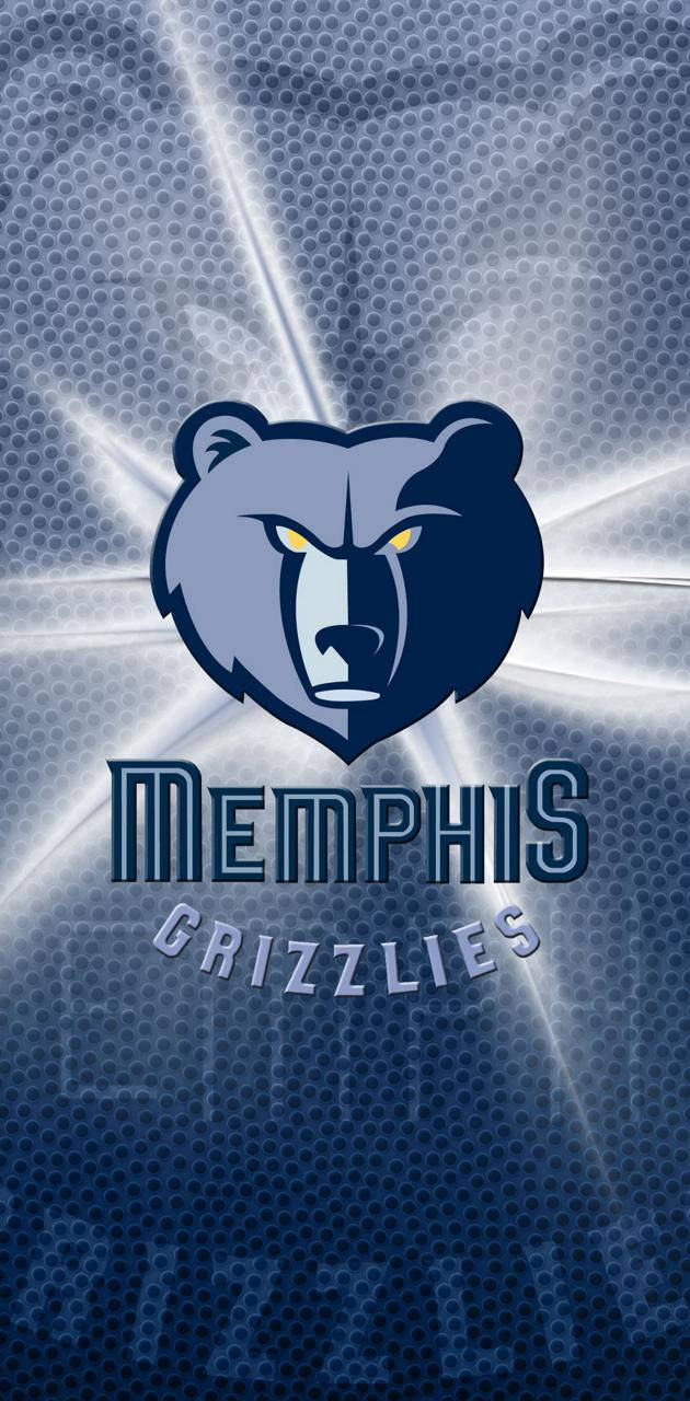 Grizzlies 桌布 壁紙 — 曼菲斯灰熊隊標誌，帶有兇猛的熊頭和發光的黃色眼睛，置於藍色紋理背景上，伴有輻射光束。