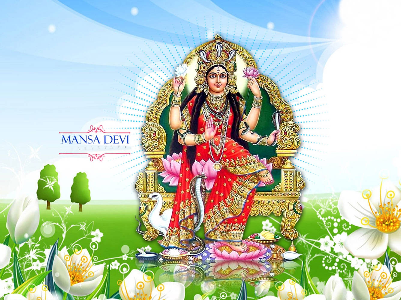 Vaishno Devi 桌布 壁紙 — 曼薩·德維女神坐在金色寶座上，周圍是盛開的白花和綠草，頭頂是明亮的藍天。