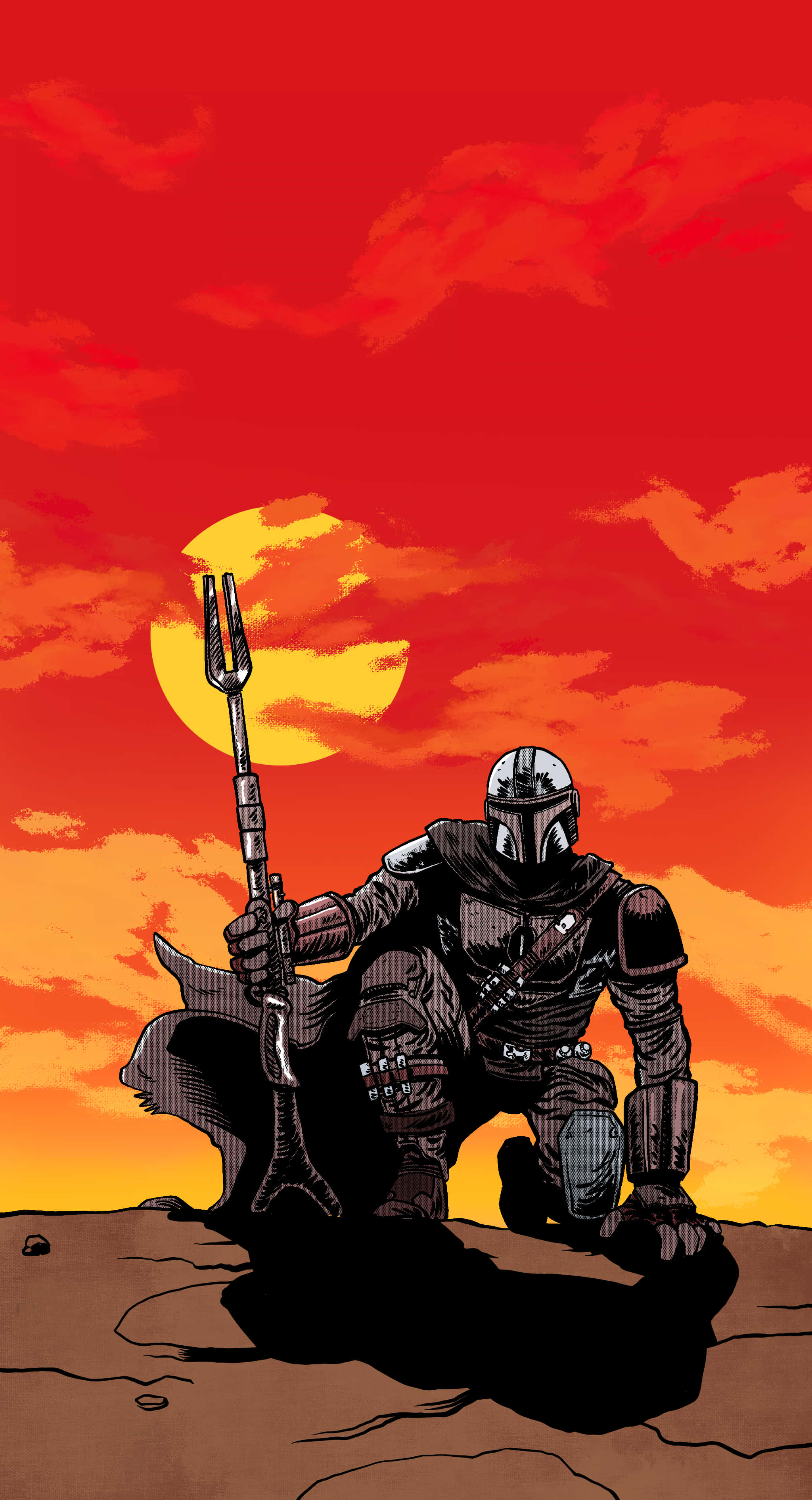 The Mandalorian iPhone 桌布 壁紙 — 曼達洛人在熾熱的紅色夕陽下跪在沙漠星球上，手持他標誌性的叉形爆能槍。