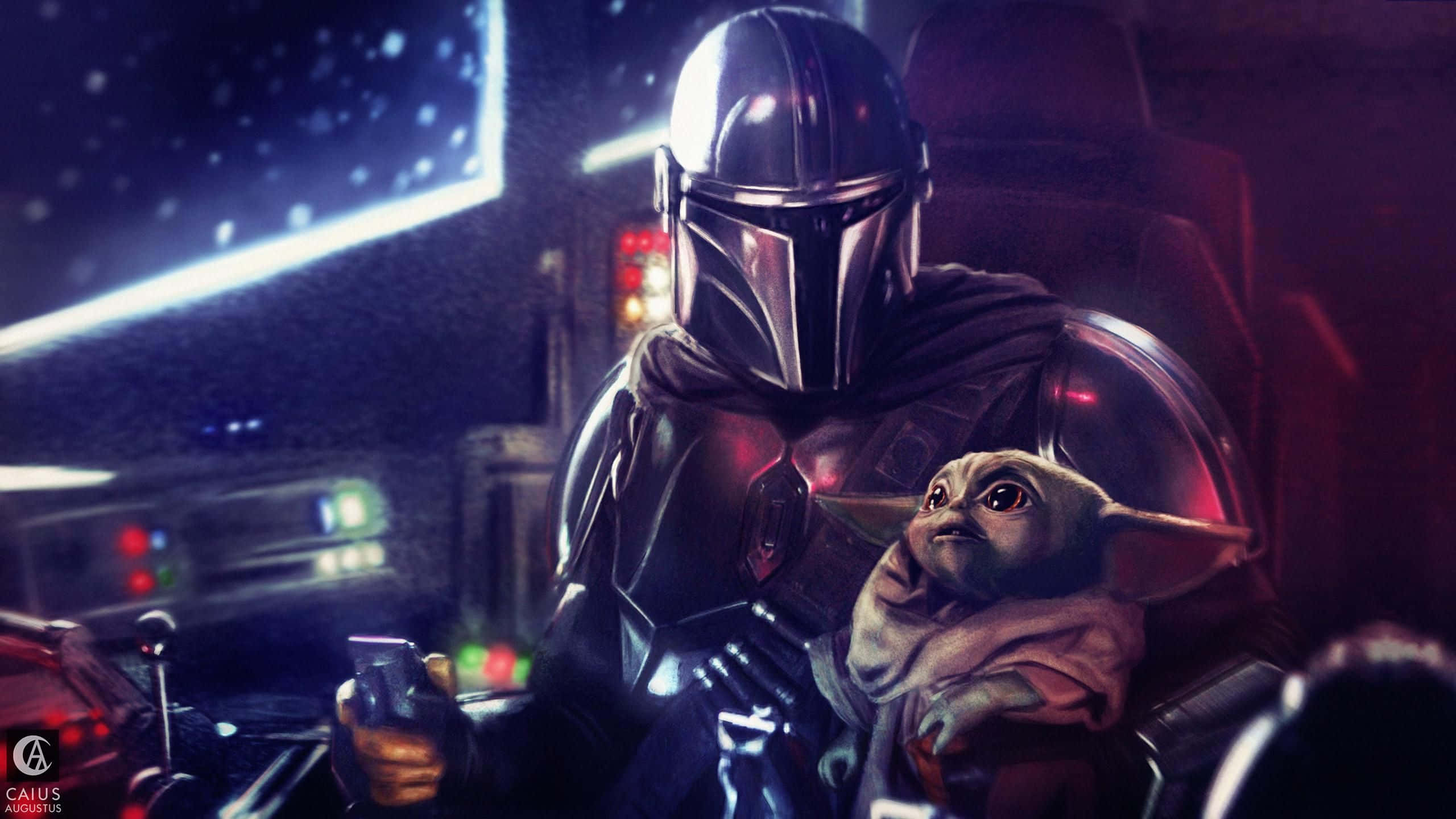 Mandalorian Pc 桌布 壁紙 — 曼達洛人戴著標誌性頭盔，在星際光芒和發光控制裝置的駕駛艙中抱著古古。