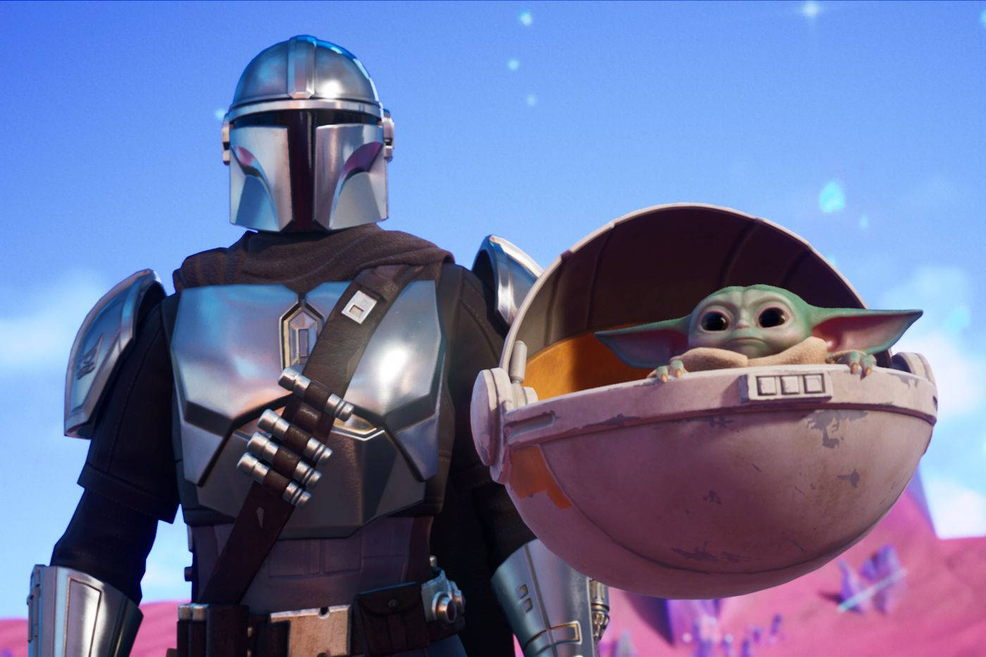 Fortnite Chapter 2 Season 6 桌布 壁紙 — 曼達洛人穿著標誌性盔甲，在明亮的藍天和粉紅色岩石地形中，用一個破舊的揹帶揹著古古。