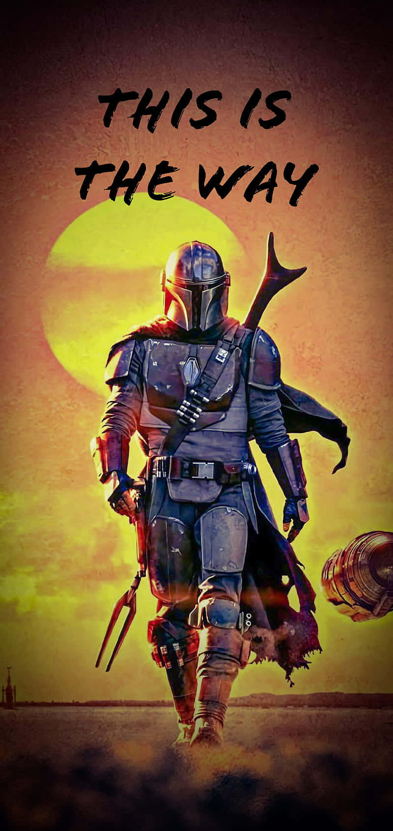 Android Mordhau 桌布 壁紙 — 曼達洛人站在沙漠中，在熾熱的太陽下拔出武器，上方有「this is the way」這句話。