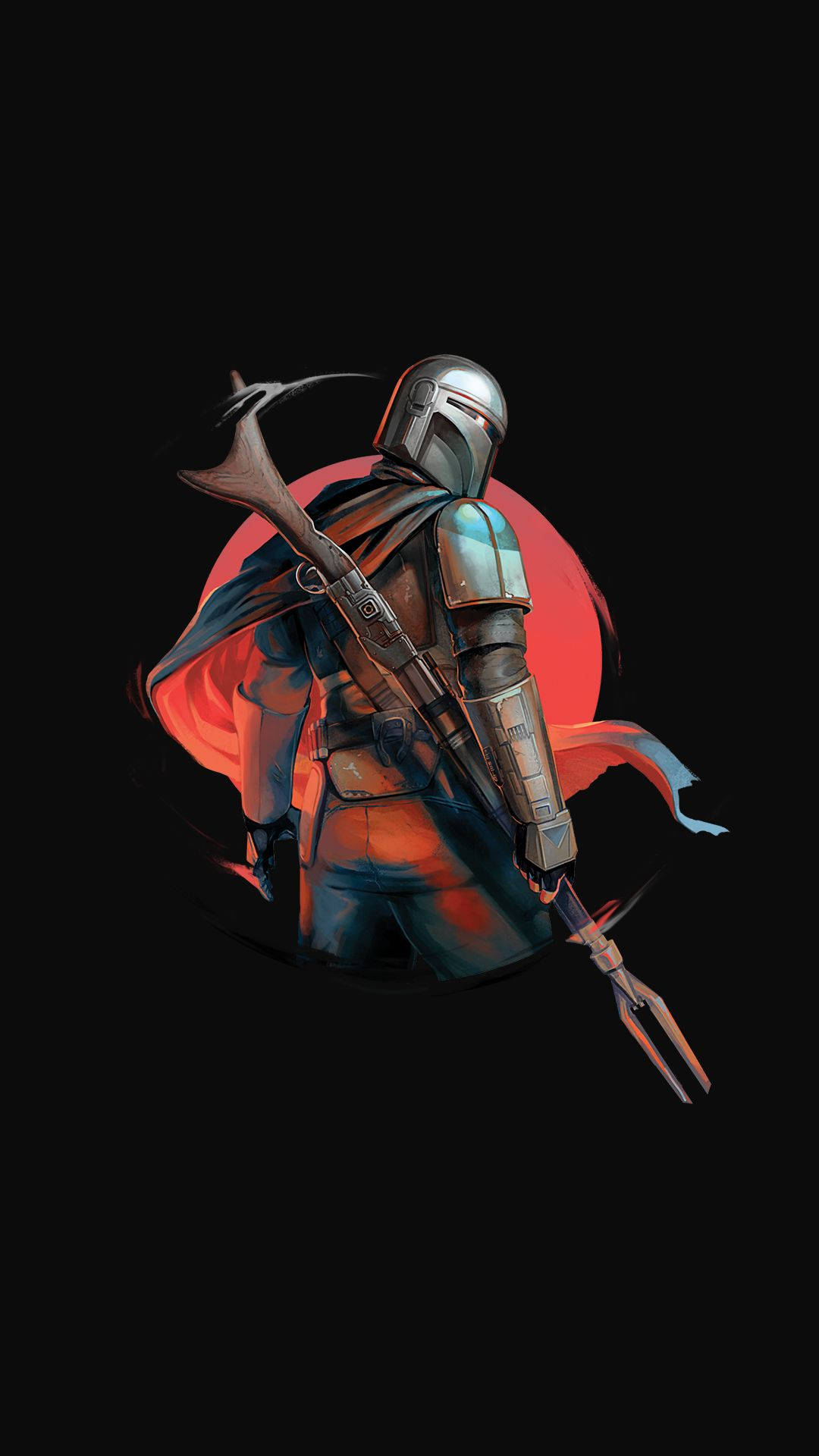 Mandalorian 桌布 壁紙 — 曼達洛人站在發光的紅色太陽前，呈現剪影，手持爆能槍和叉狀武器。