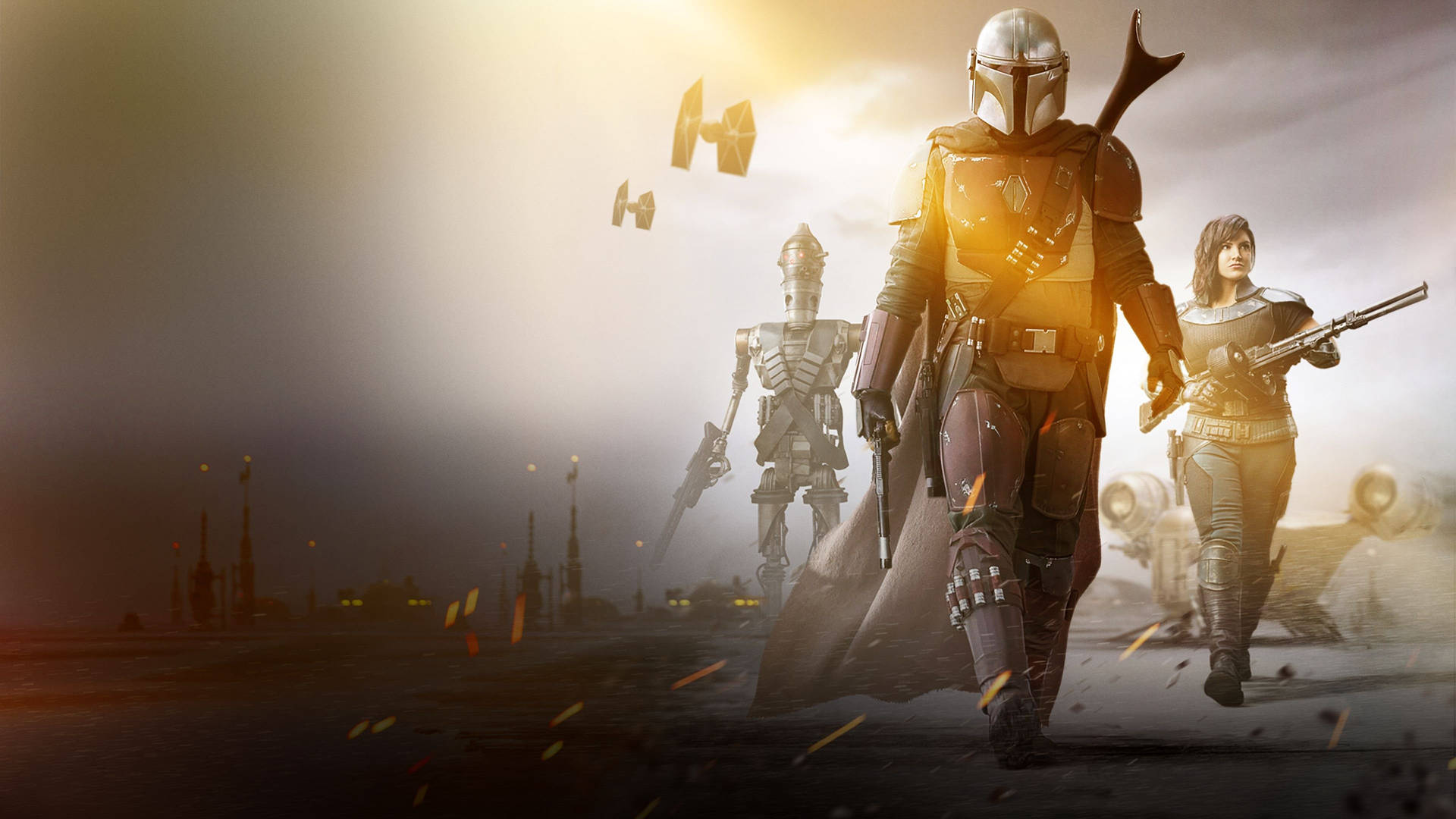 Mandalorian 桌布 壁紙 — 曼達洛人與古古在塵土飛揚的沙漠戰場上行走，TIE戰機在金色夕陽下於頭頂飛過。