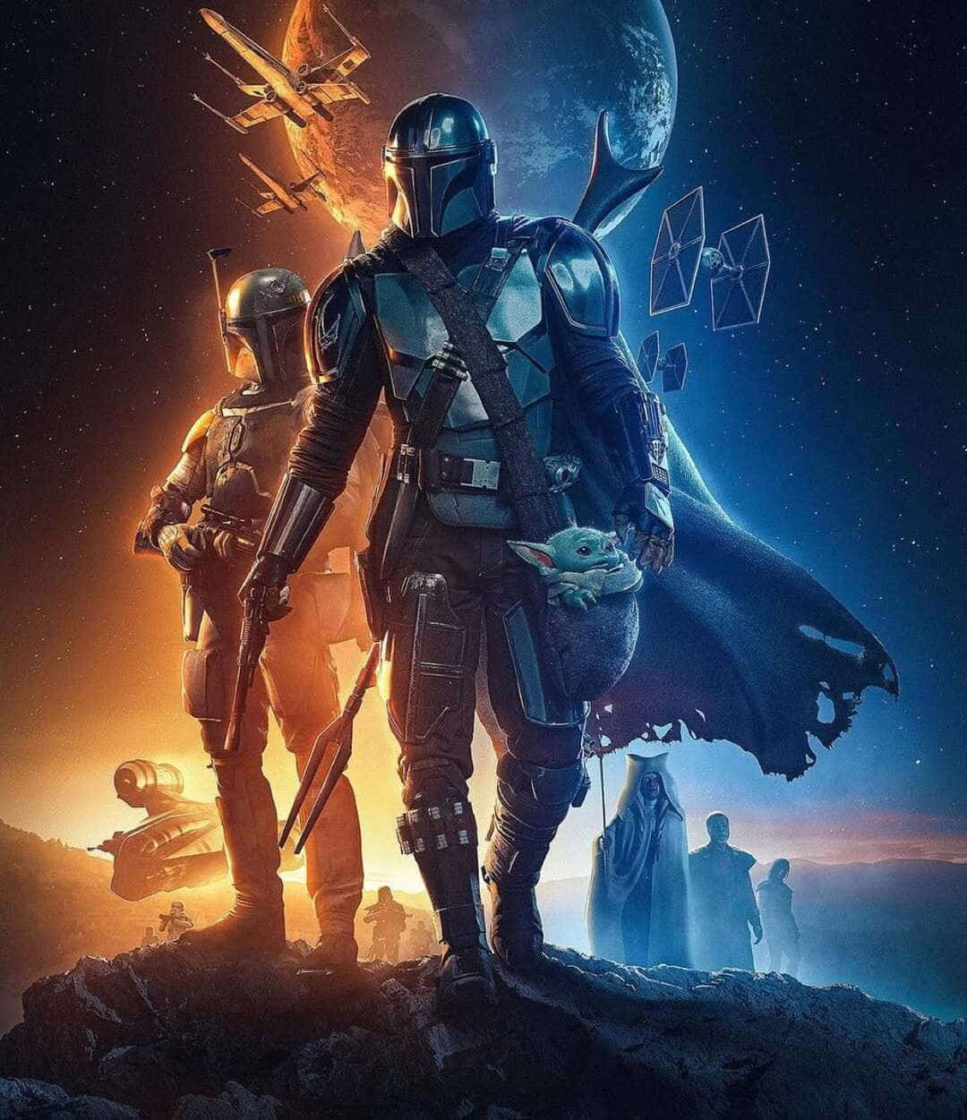 曼達洛人 桌布 壁紙 — 曼達洛人與古古站在岩石懸崖上，背景是星空、行星和星際戰機。