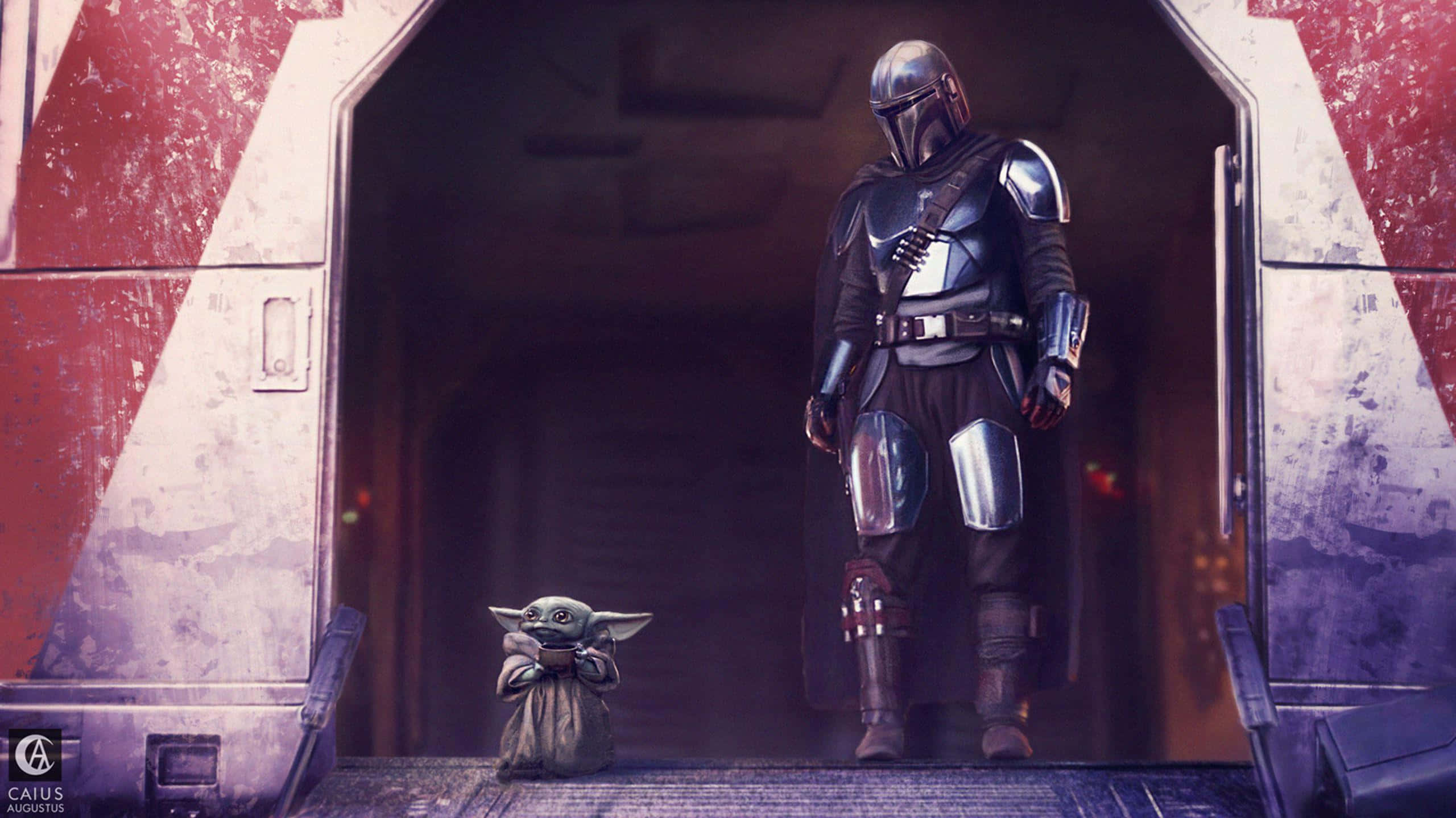 Mandalorian Pc 桌布 壁紙 — 曼達洛人身穿盔甲，在微弱的紫色燈光下，站在太空船門口，旁邊有一個綠色小孩。