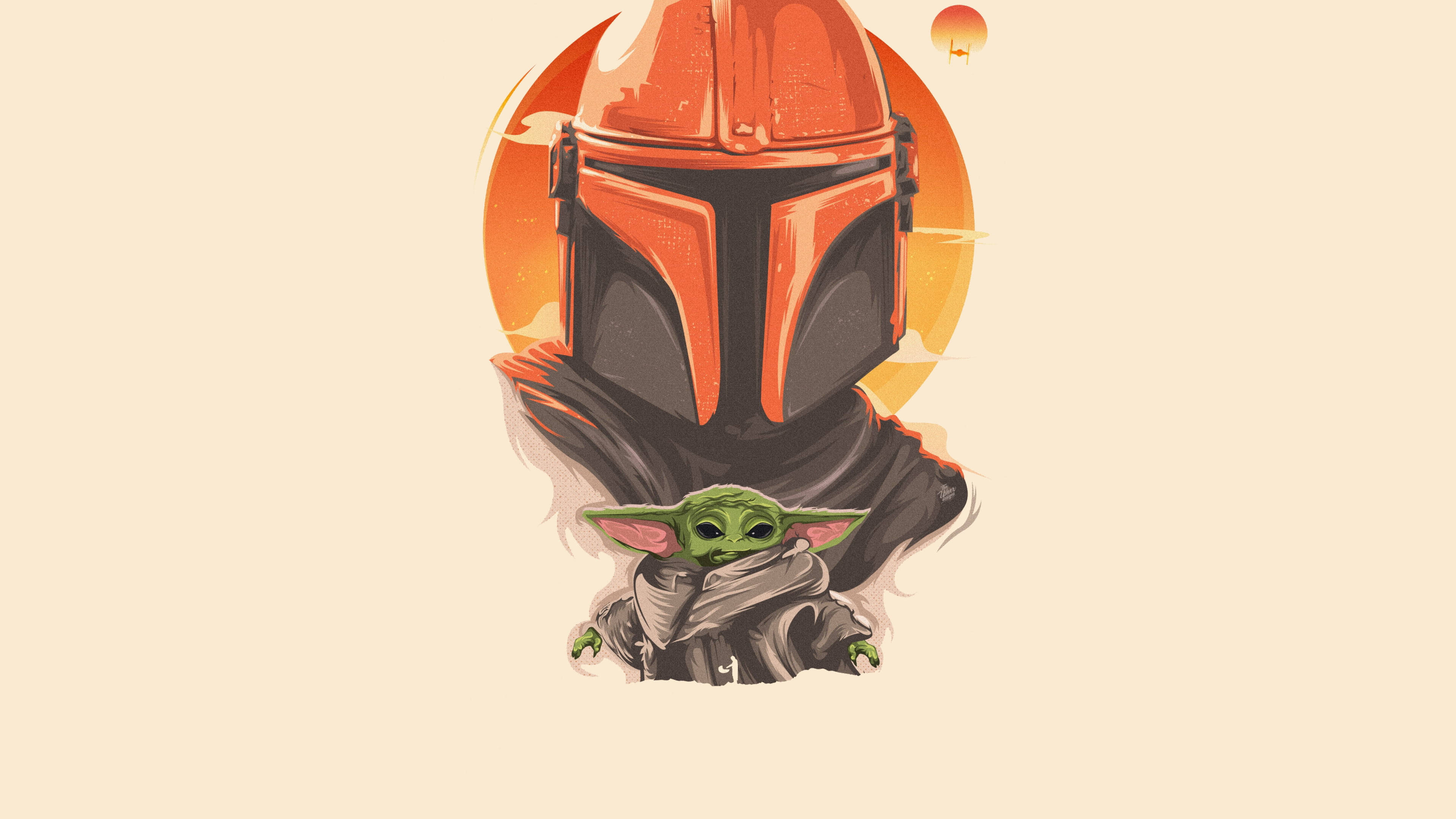 Mandalorian And Baby Yoda 桌布 壁紙 — 曼達洛人頭盔在溫暖的橙色太陽和遙遠行星的背景下，籠罩著古古。
