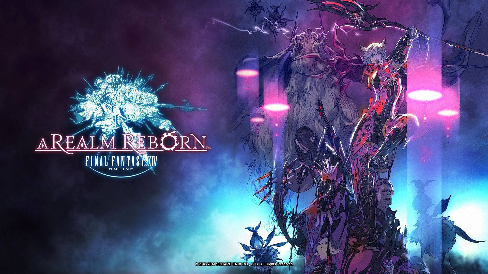 Final Fantasy XIV A Realm Reborn 宣傳藝術作品，包含動漫角色和一條發光的龍。