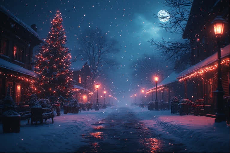 New Year 4K background 壁紙 — 月光下，溫暖的紅色燈籠和閃爍的聖誕樹照亮了雪夜的冬季街道。