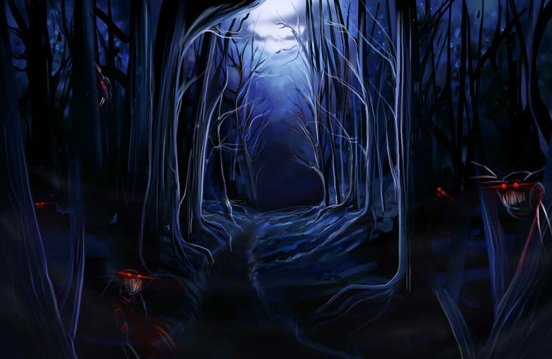 Haunted Forests 桌布 壁紙 — 月光下，黑暗詭異的森林中，扭曲的樹木間潛伏著發光的紅色眼睛。