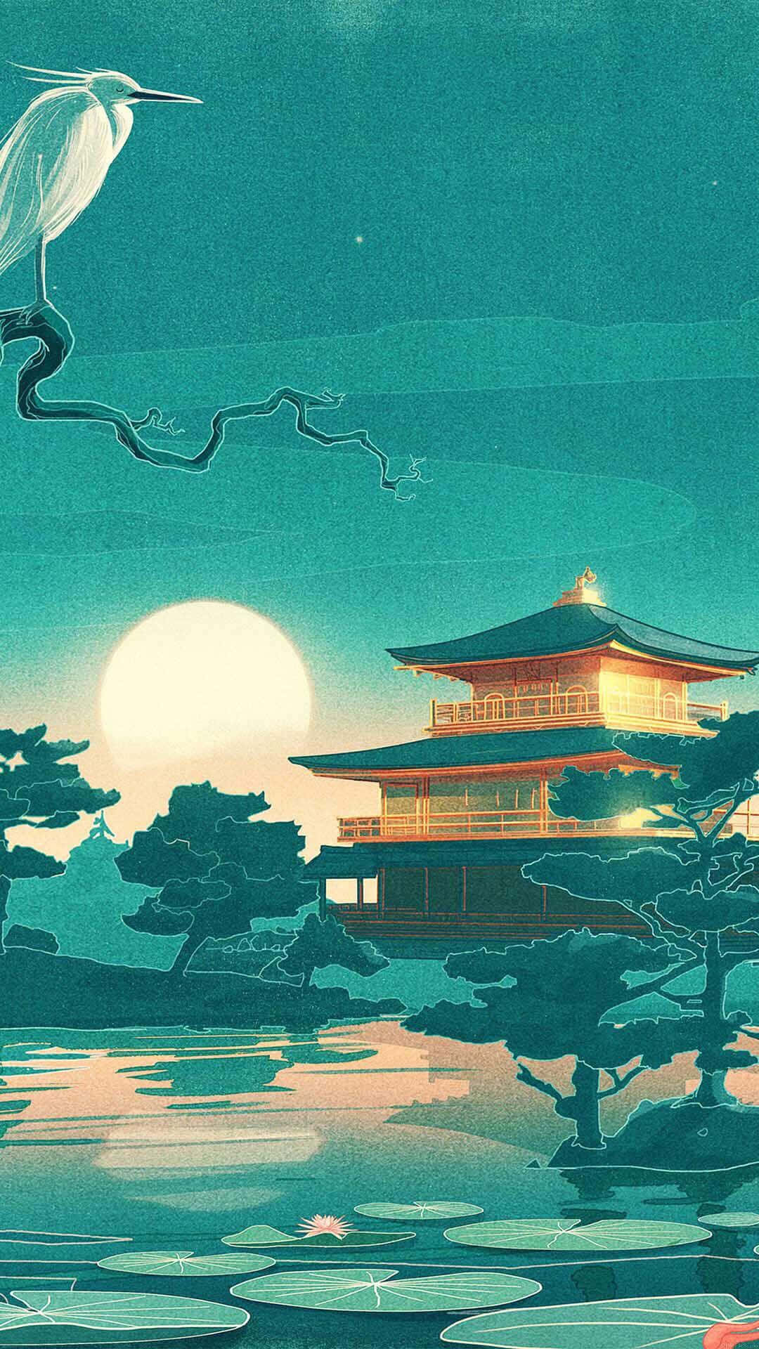 桌布 壁紙 — 月光下寧靜的日本塔倒映在平靜的水面上，一隻白鷺棲息在上方的樹枝上。