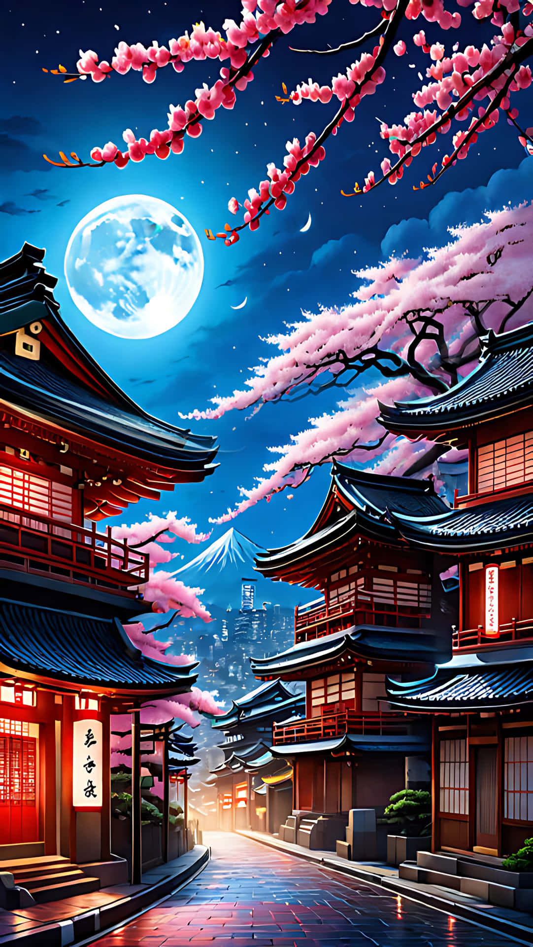 anime 4K wallpaper mobile background city colorful 壁紙 — 月光下的日本街道，兩旁種滿櫻花和傳統木建築，星空璀璨。