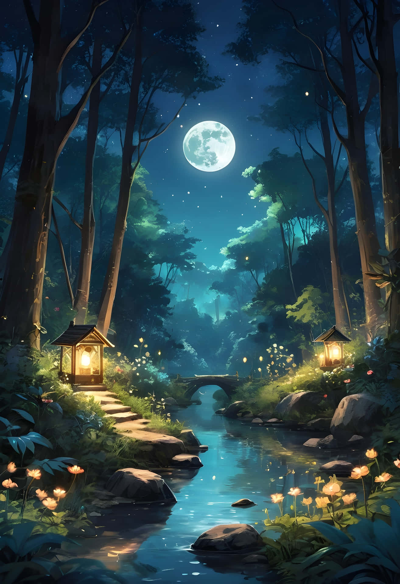 Moonlit Forest River 壁紙 — 月光下的森林小徑蜿蜒在一條發光的小溪旁，滿月當空，燈籠將溫暖的光線投射在長滿苔蘚的石頭和野花上。