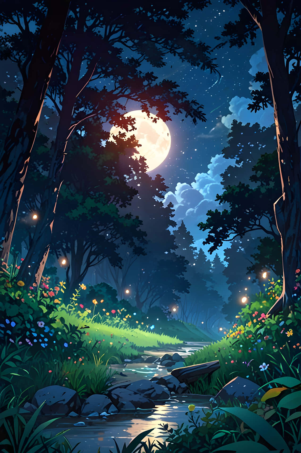 Moonlit Forest River 壁紙 — 月光下的森林小徑蜿蜒穿過發光的野花，在滿月下的星空下。