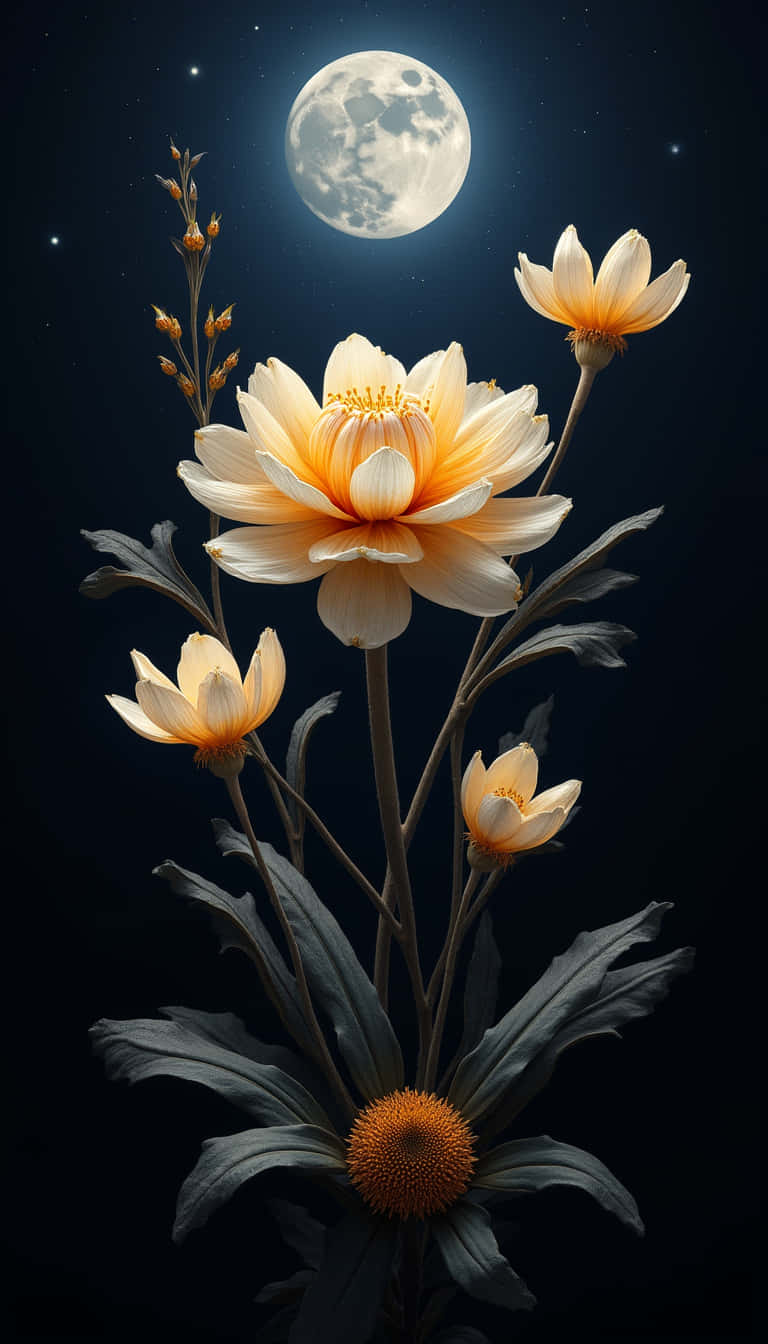 花卉 桌布 壁紙 — 月光下的橙色和白色花朵在滿月之上的星空夜空中綻放。