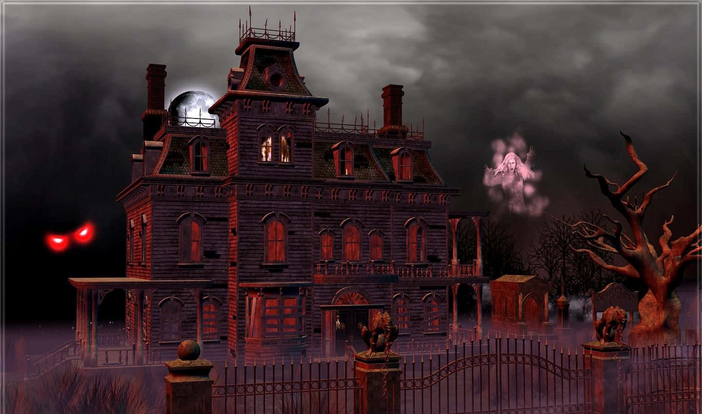 haunted 桌布 壁紙 — 月光下的維多利亞式鬼屋，有發光的紅眼和一個鬼影在附近飄浮。