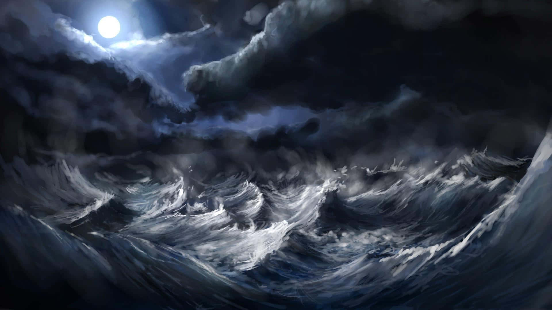 Ocean Storm 桌布 壁紙 — 月光下的風暴在厚重雲層下翻騰的深藍色波浪上肆虐。