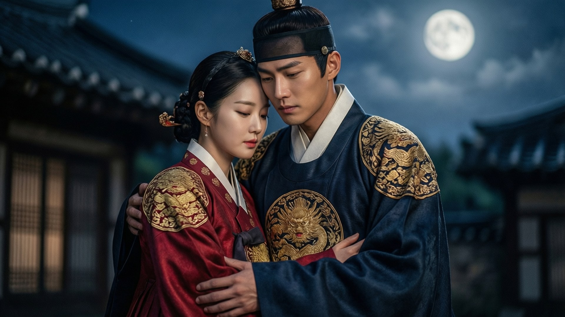 月光之擁 壁紙 — 一對穿著傳統韓國韓服的情侶在夜晚的歷史庭院中，在滿月下擁抱。