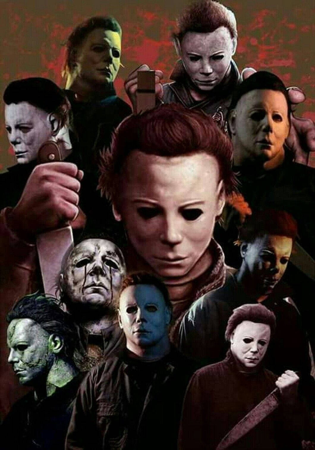 麥可·邁爾斯 桌布 壁紙 — 《月光光心慌慌》電影中 Michael Myers 的拼貼畫，每個版本都拿著刀，背景是血跡斑斑的紅色。
