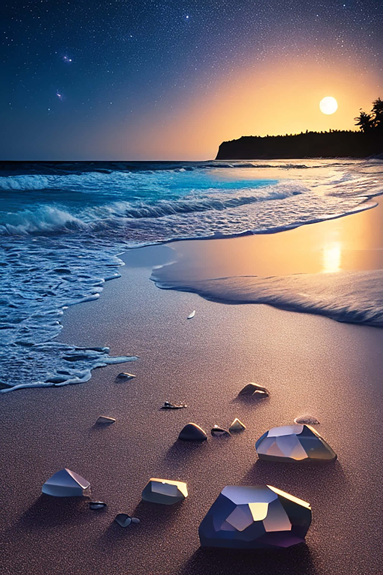 A peaceful coastal night scene, accompanied by crystals shimmering in the moonlight. 壁紙 — 月光和星光照亮寧靜的海灘，幾何寶石在濕沙上閃爍，海浪湧入。