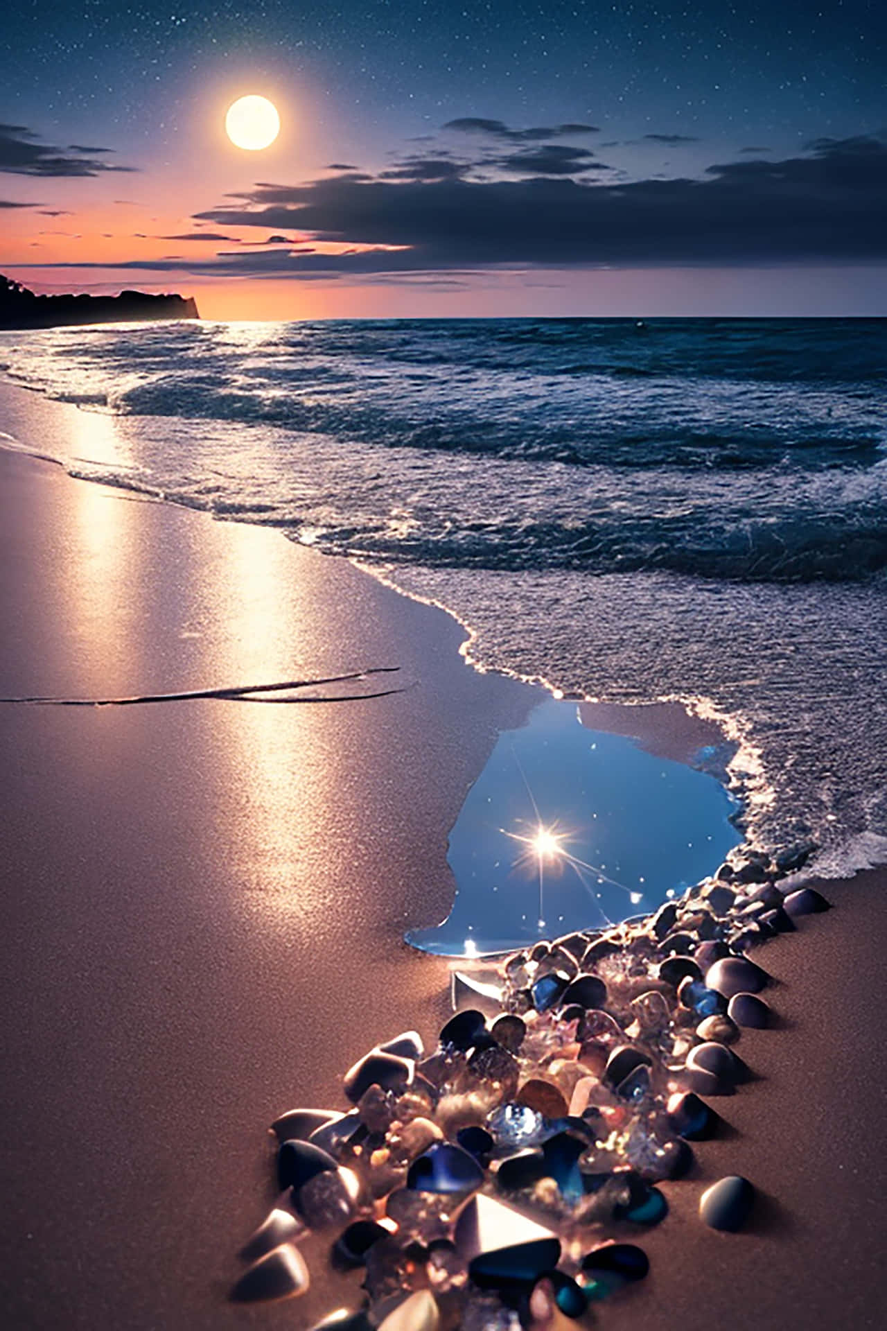 A peaceful coastal night scene, accompanied by crystals shimmering in the moonlight. 壁紙 — 月光在濕沙上閃爍，海浪拍打著散落閃爍寶石的海岸線，在星光燦爛的暮色天空下。
