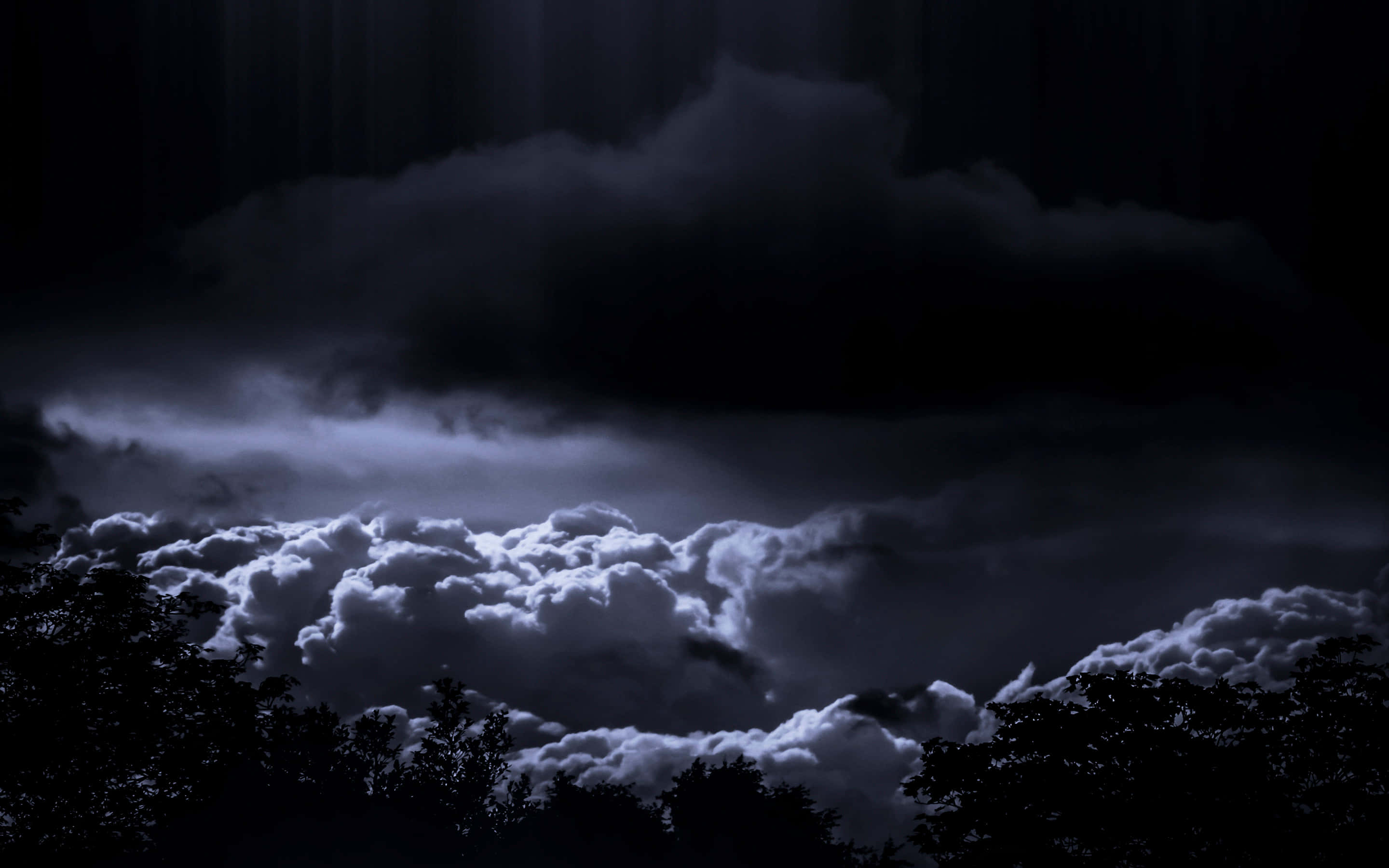 Black And White Storm 桌布 壁紙 — 月光照亮嘅戲劇性暴風雲喺夜晚嘅黑暗森林剪影上空盤旋。