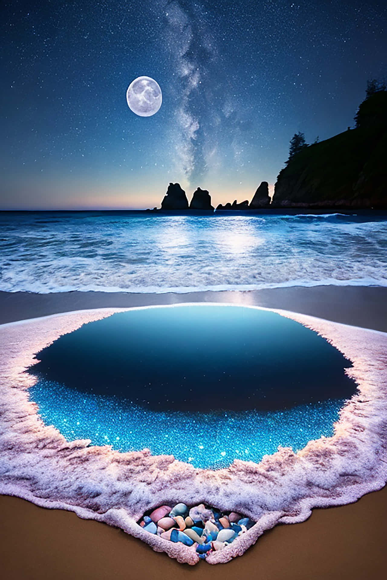 The beach stones, soaked in the moonlight, resemble a natural painting, shining with the serenity of 壁紙 — 月光照耀下的海灘夜晚，一個發光的藍色潮汐池反射著銀河和滿月，上方是岩石峭壁。
