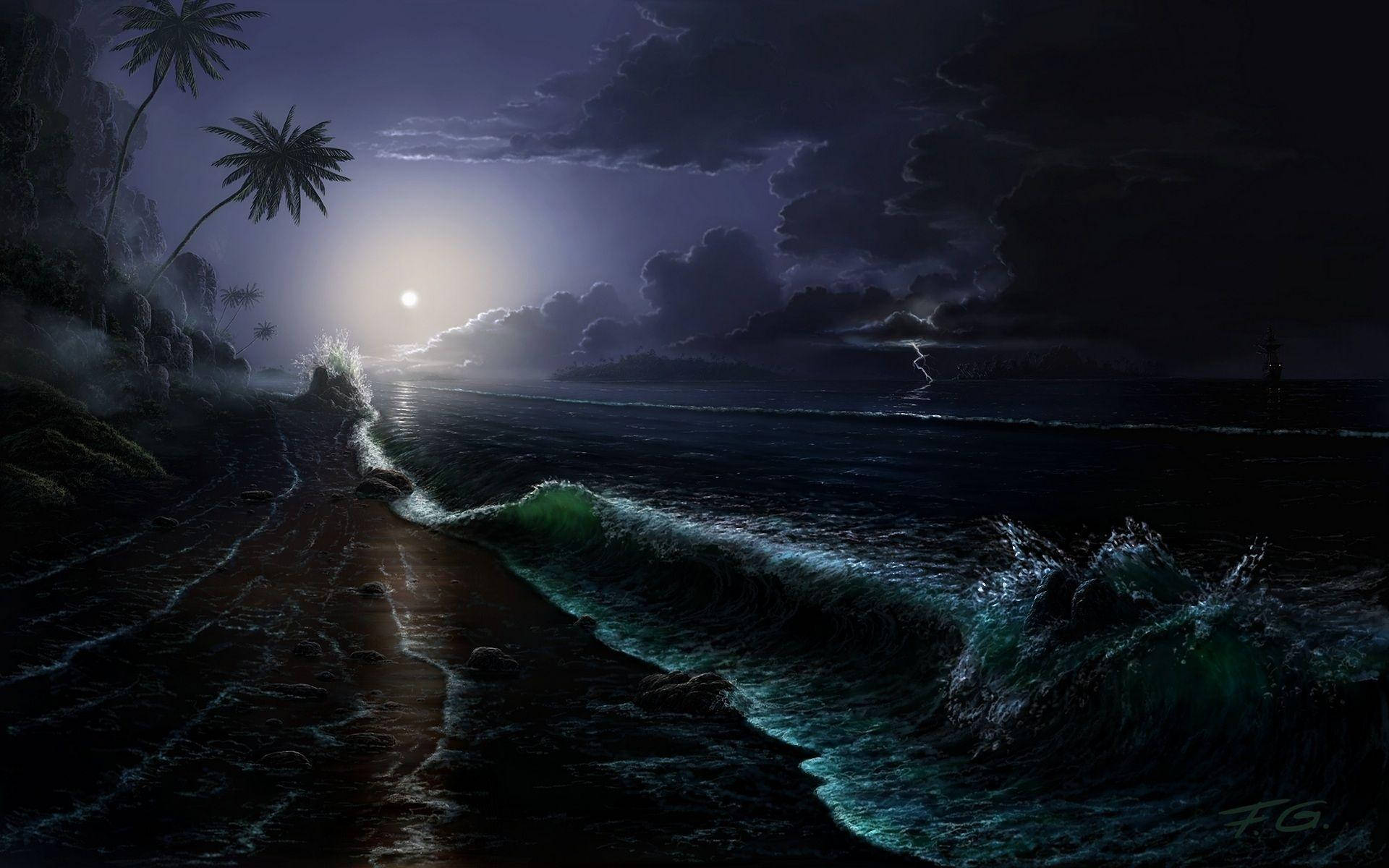電腦 桌布 壁紙 — 月光照耀下的熱帶海灘夜晚，破碎的波浪在黑暗的暴風雲下發光，棕櫚樹在天空的襯托下形成剪影。