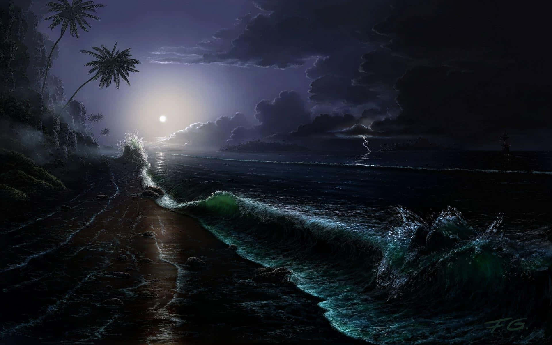 Beach At Night 桌布 壁紙 — 月光照耀下的熱帶海灘夜晚，黑暗暴風雲下翻湧的海浪，棕櫚樹在明亮月亮的襯托下形成剪影。