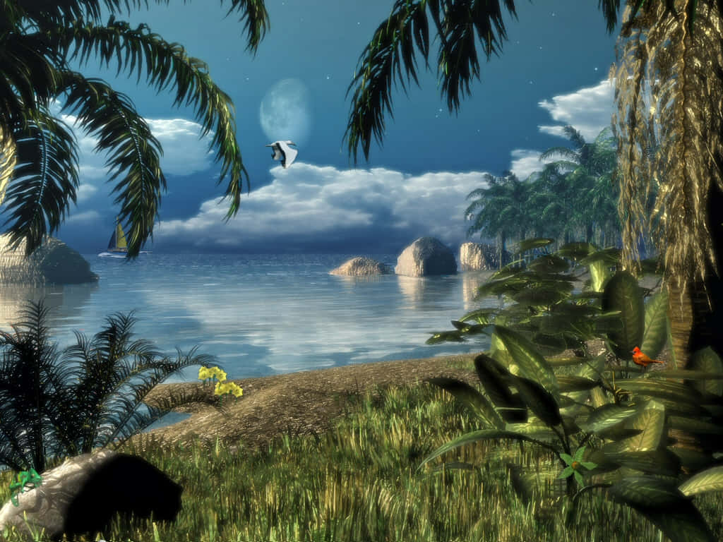 Animated 桌布 壁紙 — 月光照耀下的熱帶海灣，棕櫚葉框景，遠處有帆船和小鳥，星空下。