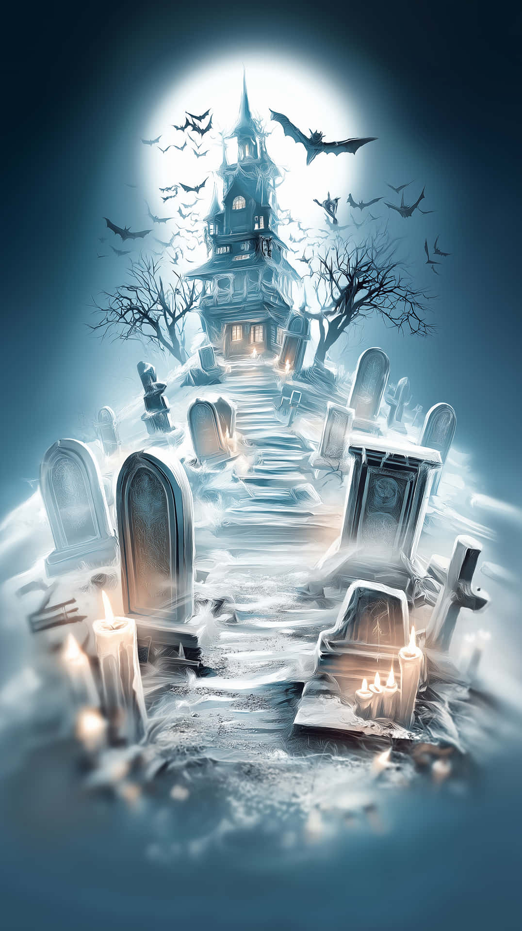 Ghostly Graveyard 壁紙 — 月光照耀的小徑穿過白雪覆蓋的墓地，通往一座鬼屋，蝙蝠在發光的滿月周圍飛翔。
