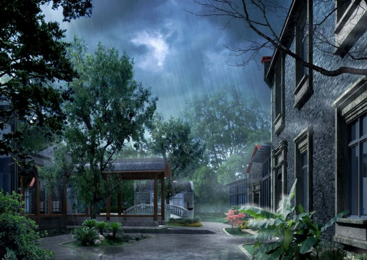 Raining 桌布 壁紙 — 月光穿透暴風雲層，灑落在霧氣瀰漫的庭院中，庭院內有石造建築和茂密的綠植。