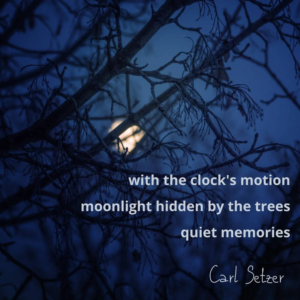 moon quotes 桌布 壁紙 — 月光穿過光禿的樹枝，映襯著深藍色的夜空，並帶有詩意的文字疊加。