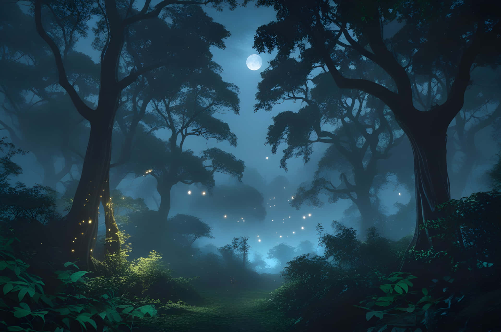 Night jungle view 壁紙 — 月光穿過古老樹木，在迷霧森林中，發光的螢火蟲沿著蜿蜒小徑起舞。