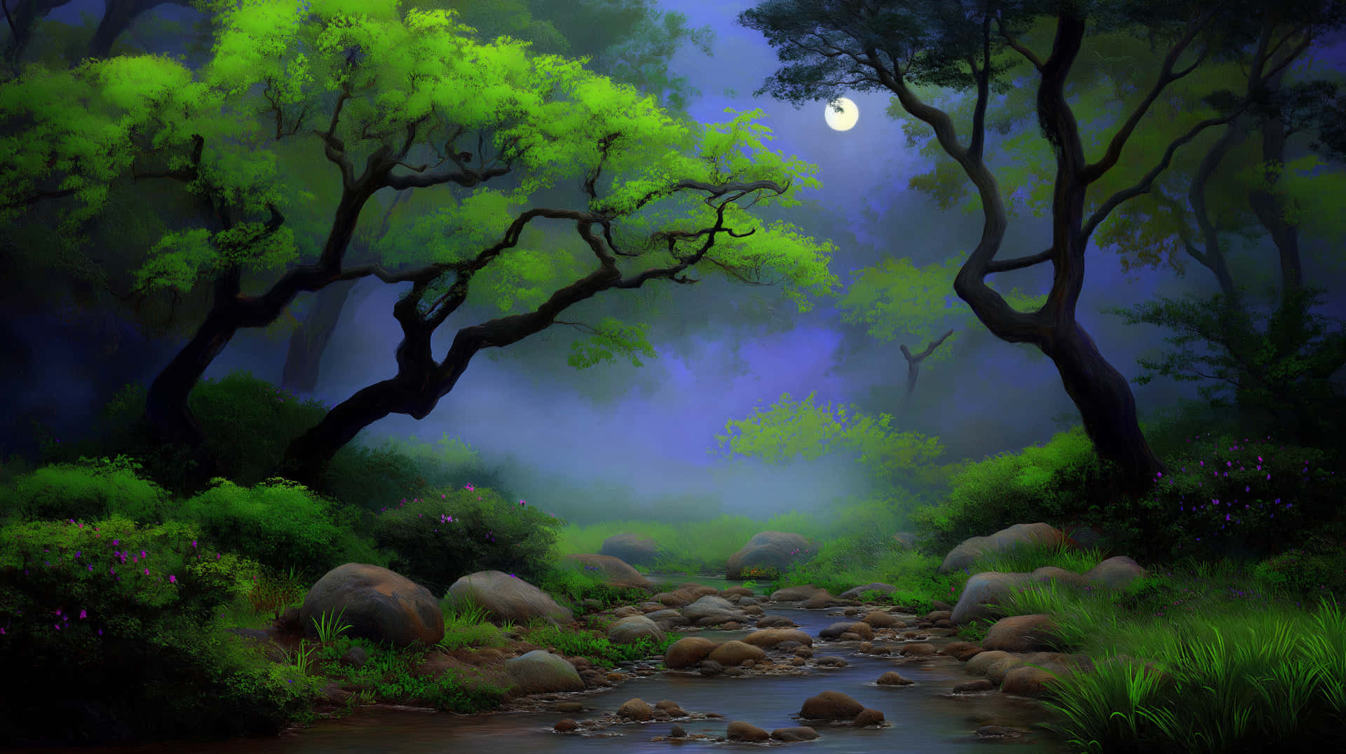 Moonlit Forest Stream: A Mystical Nocturnal Landscape 壁紙 — 月光穿過扭曲的樹木，在魔法森林中苔蘚覆蓋的岩石和蜿蜒的小溪上投射出空靈的光芒。