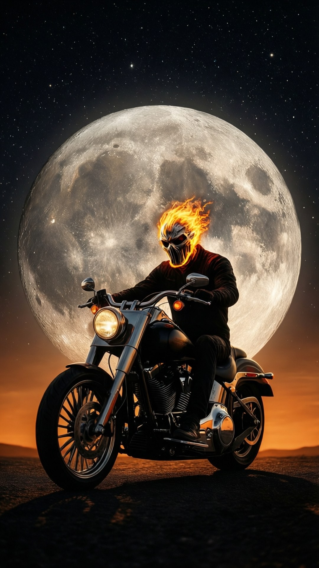 月光騎士之旅 壁紙 — 一個火焰骷髏騎士騎著摩托車，在巨大的月亮和星空夜空下形成剪影。