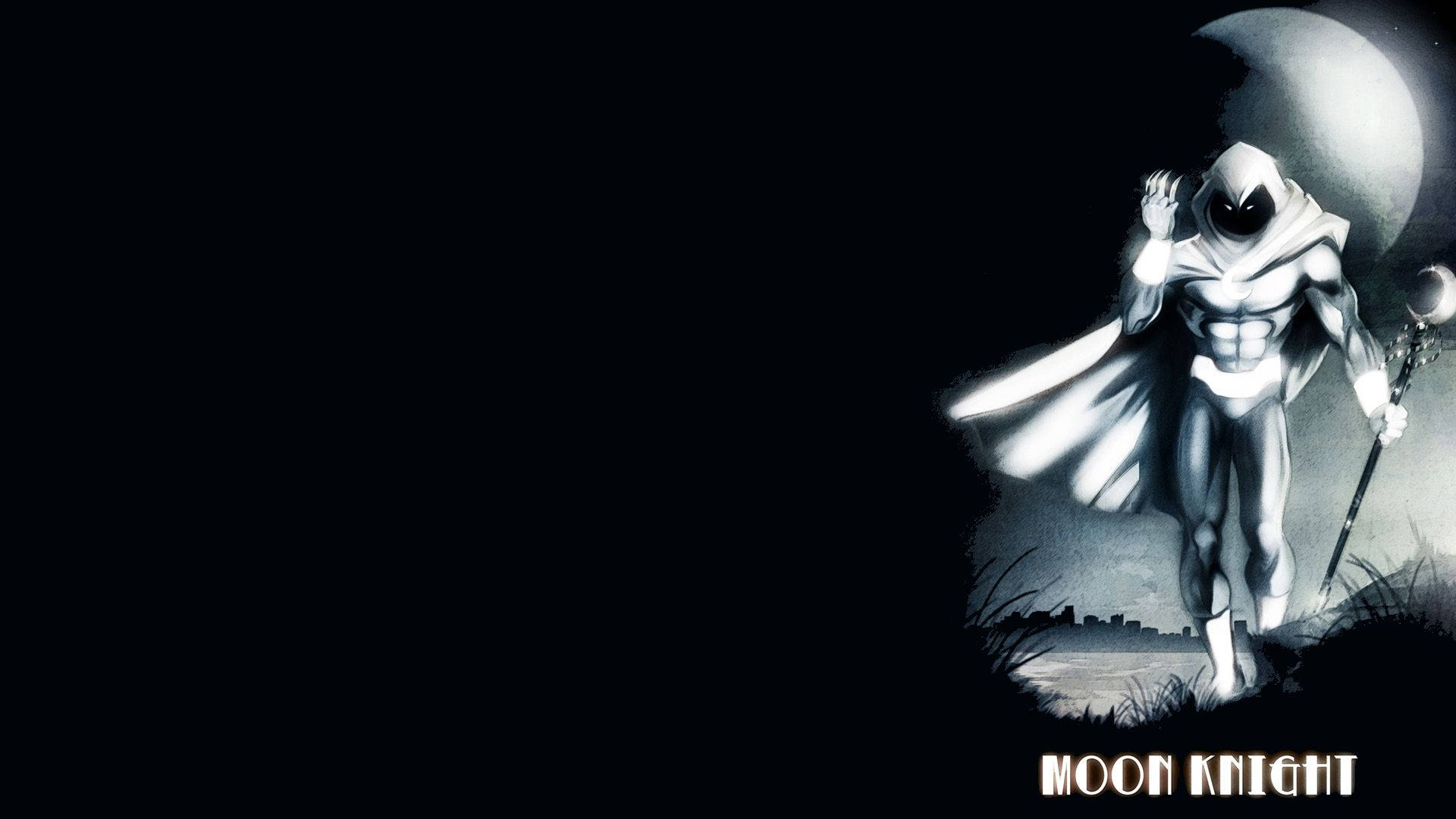 Moon Knight 桌布 壁紙 — 月光騎士在彎月下英雄地站立，採用單色漫畫風格，帶有戲劇性的陰影。
