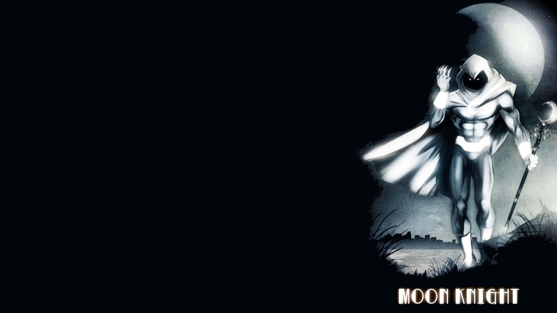 Moon Knight 桌布 壁紙 — 月光騎士在黑暗的夜晚場景中，以新月為背景，手持法杖，呈現剪影。