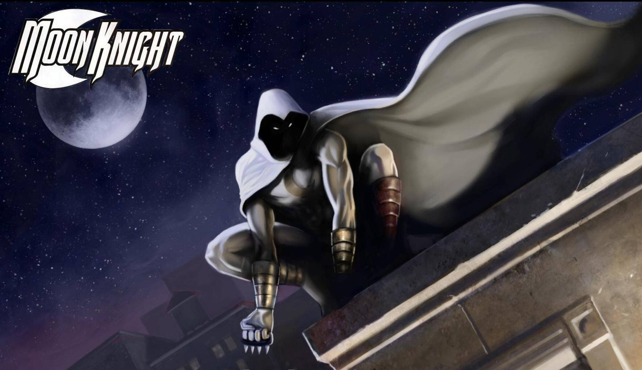 Moon Knight 桌布 壁紙 — 月光騎士蹲在屋頂上，滿月下披風在星空夜空中飄揚。