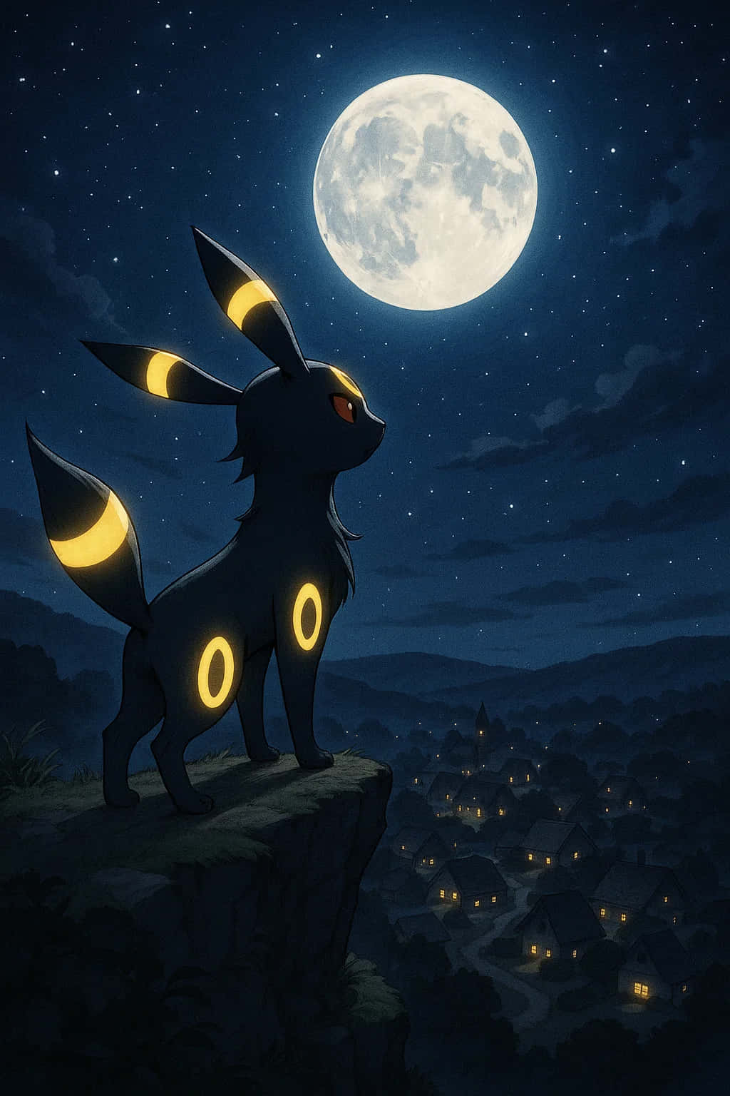 Umbreon Pokemon 4K HD Wallpaper WEBP MOBILE Backgrounds 壁紙 — 月圓之夜，一隻暗黑月伊布的剪影站在懸崖上，俯瞰下方閃爍的村莊。
