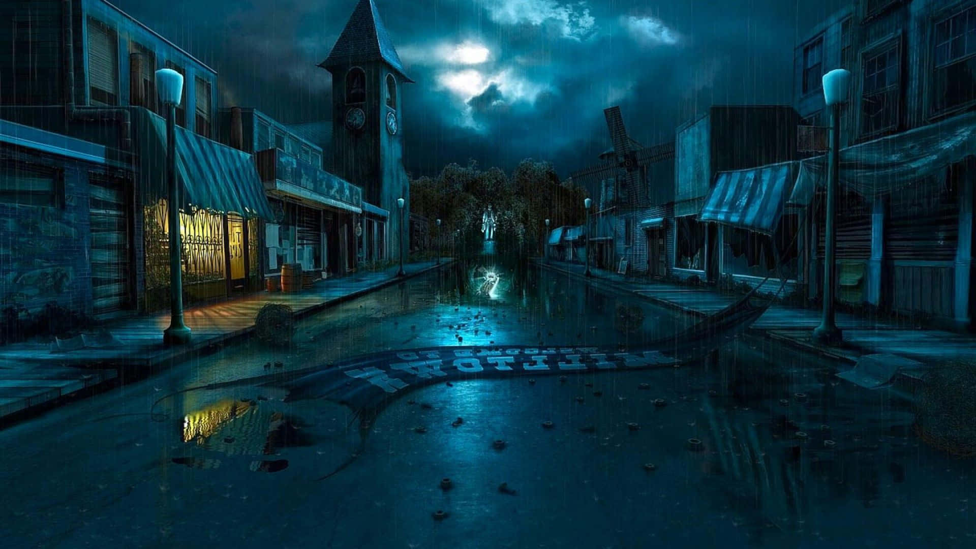 Spooky Art 桌布 壁紙 — 月夜下，一條被雨水打濕的城市街道，發光的街燈倒映在水窪中。