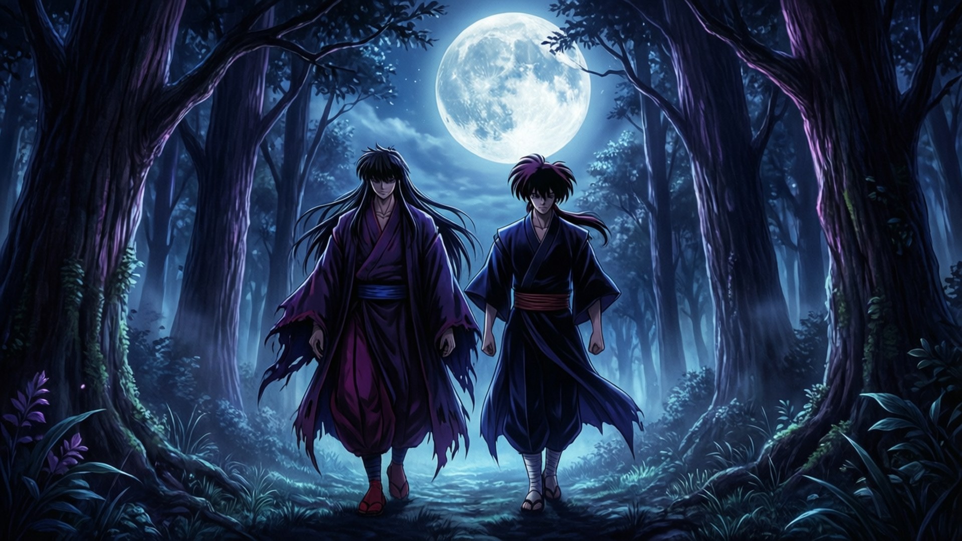 月夜之旅 壁紙 — 兩個穿著傳統長袍的動漫角色在月光照耀的森林中行走，森林中有高聳的樹木和發光的紫色植物。