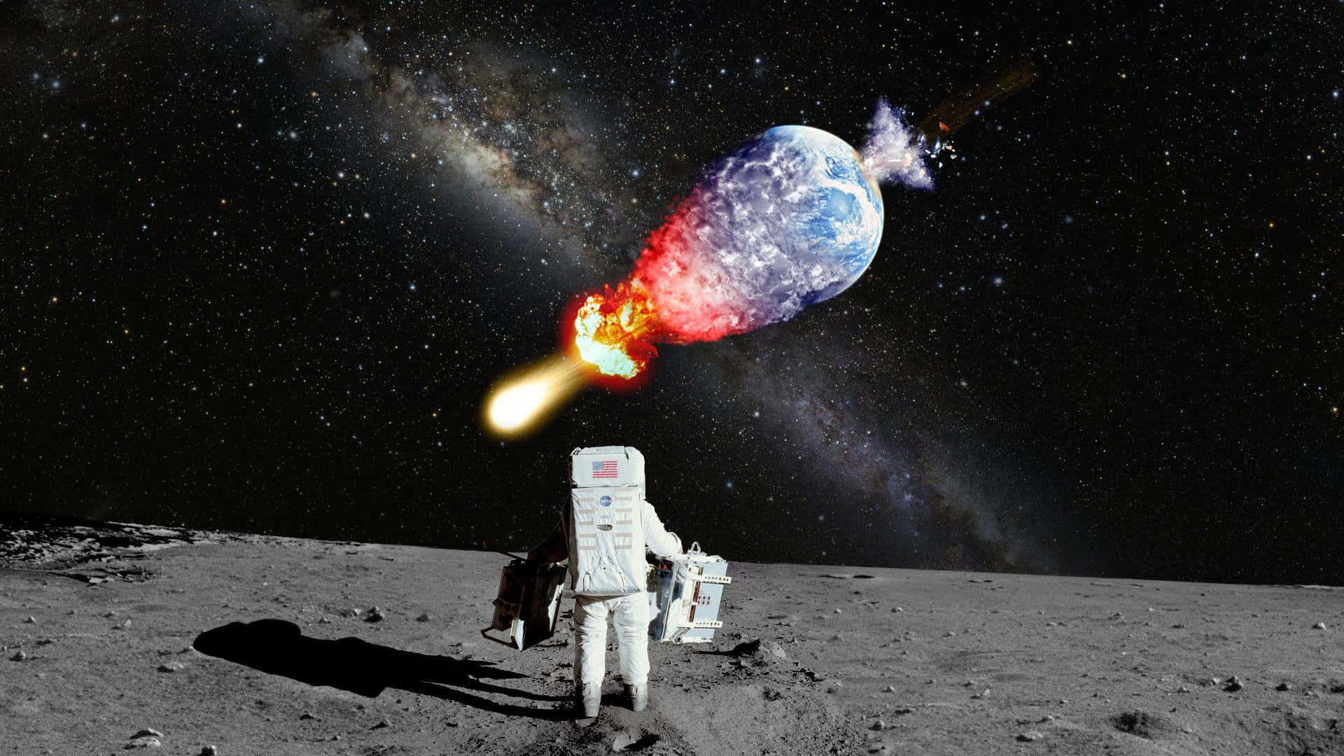 Astronaut Desktop 桌布 壁紙 — 月球上的太空人目睹地球在繁星銀河背景下爆炸成熊熊烈焰。