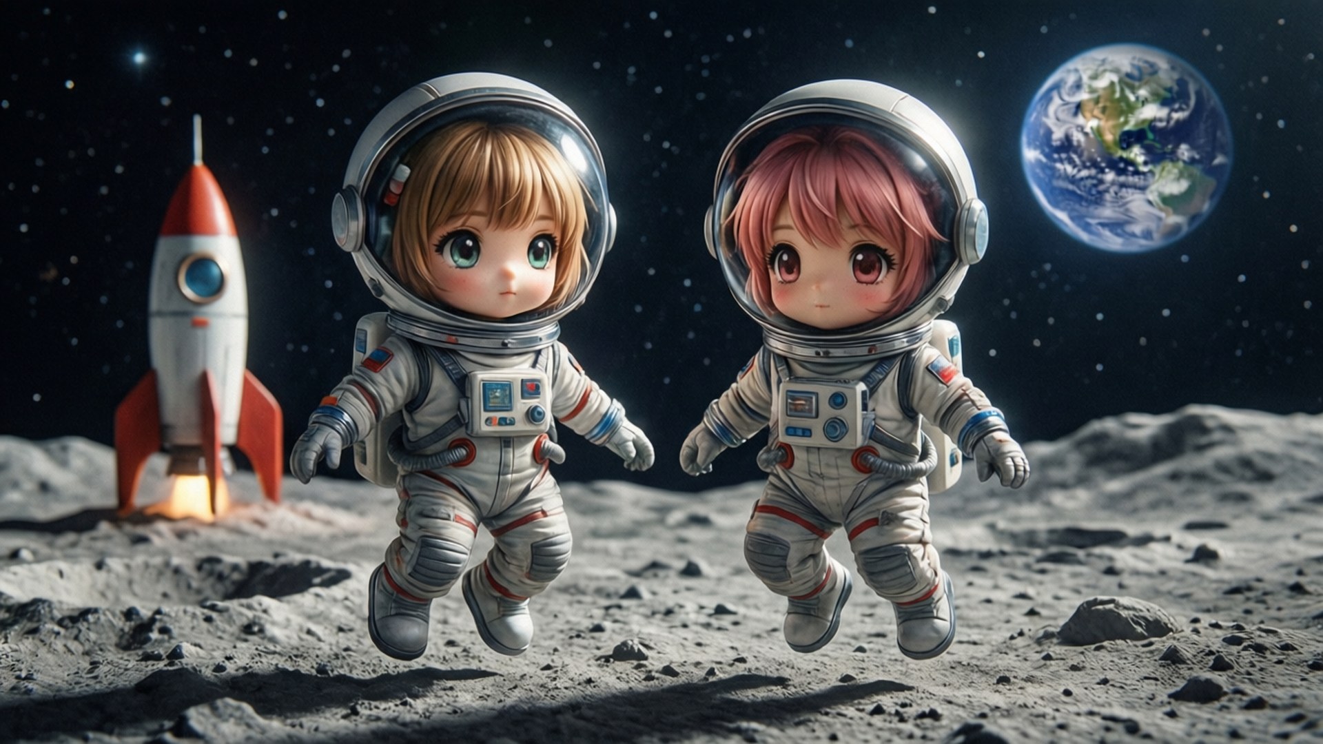 月球任務 壁紙 — 兩個Q版太空人在月球表面漂浮，旁邊有火箭，星空中有地球可見。