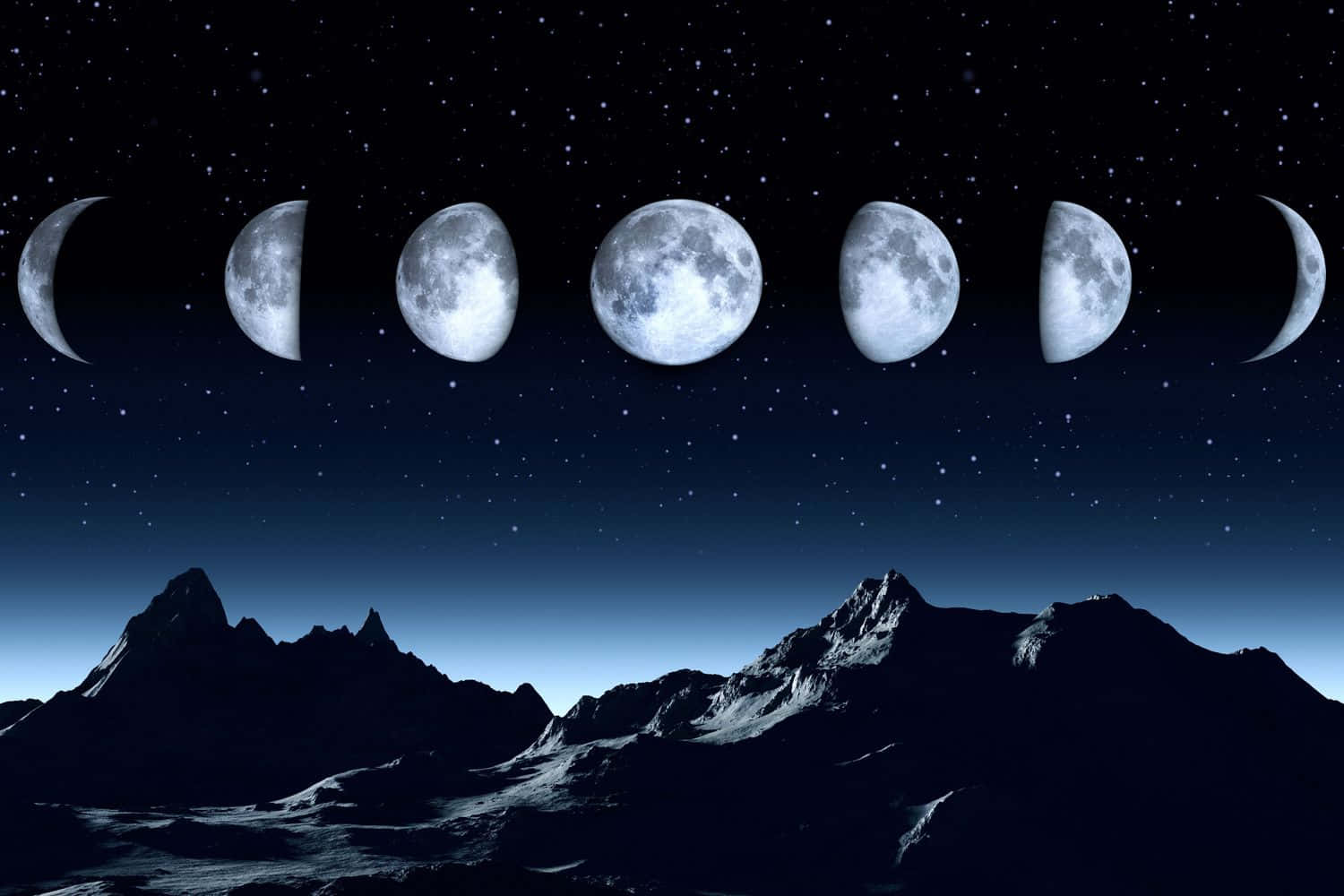 magical 桌布 壁紙 — 月球相位在天體展示中拱形跨越繁星點點的夜空，位於鋸齒狀山峰之上。